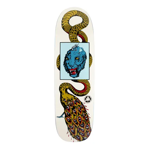 Welcome Glam Dragon on Boline - Bone - 9.25 skateboard deck: A yellow spotted serpent coils around a boxed blue tiger-like head with red fangs, ending in a peacock-style tail of eyes dripping blood, on a bone-coloured shaped deck. Welcome sigil near the tail.