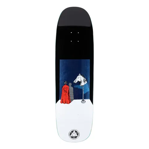 Welcome Haunted Horse on Golem - Black/Blue Foil - 9.25 skateboard deck: Illustration of a figure in a red cloak seen from behind, facing a white horse's head on a stand, with a ghostly shadow hand behind it, in a navy panel between a black nose and white tail. Welcome logo at the tail.
