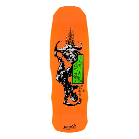 Welcome Horny on Dark Lord - Neon Orange - 9.75 skateboard deck: Neon orange old-school shaped deck with a black horned bull-like demon on all fours, flames burning between its horns, a green rectangle with yellow flowers beside it. Welcome logo at the tail.