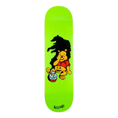 Welcome Hunny on Evil Twin - Neon Green - 8.5 skateboard deck: Neon green deck with a cartoon honey-loving bear in a red top covering his eyes, sitting by a pumpkin and a honey pot marked HUNNY, while a large black bear-shaped shadow looms behind him.