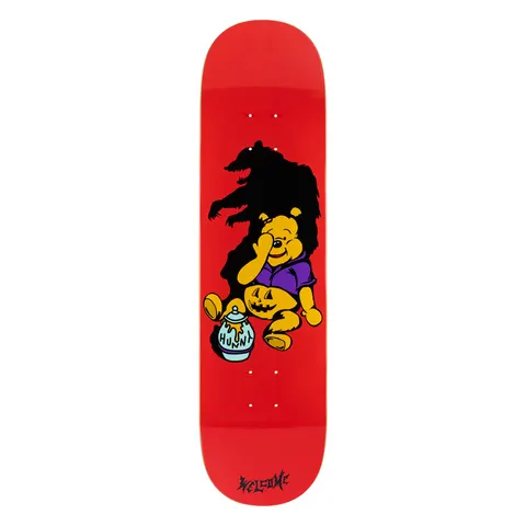 Welcome Hunny on Evil Twin 825 - Red - 8.25 skateboard deck: Cartoon of a honey-loving bear in a purple top, covering one eye and clutching a jack-o'-lantern, beside a honey pot, while its shadow forms a snarling werewolf-like beast on a red deck.
