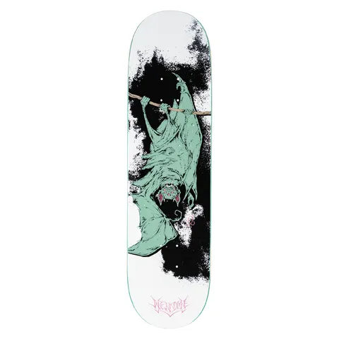 Welcome Infinitely Batty on Popsicle - White/Black skateboard deck: A pale green bat hangs upside down from a branch, with many eyes and fangs, against a black ink splatter on a white deck. Pink gothic brand lettering sits at the tail.