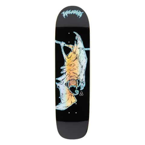 Welcome Infinitely Batty on Son of Planchette - Black/Prism Foil - 8.38 skateboard deck: Illustration of a bat hanging upside down from a branch, wings wrapped around it, drawn in pale blue outline with iridescent prism-foil shading on black. The Welcome logo in icy blue lettering sits at the nose.