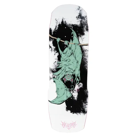 Welcome Infinitely Batty on Totem 2.0 - White/Black skateboard deck: A pale green bat hangs upside down from a branch, with many eyes and fangs, against a black ink splatter on a white shaped deck. Pink gothic brand lettering sits at the tail.