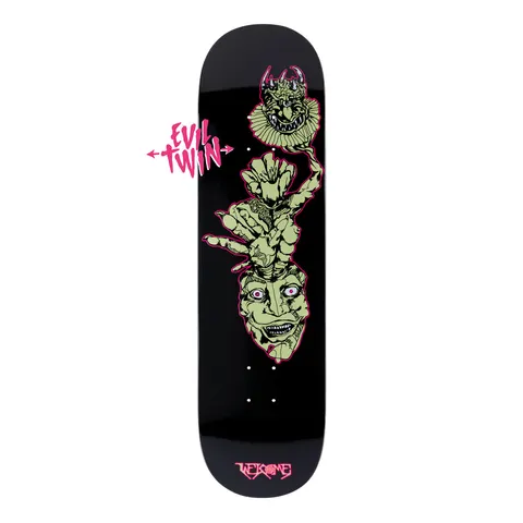 Welcome Intruder on Evil Twin - Black - 8.5 skateboard deck: Black deck with pale green hand-drawn heads outlined in pink: a grotesque grinning face at the base and a crowned fanged one on a stalk above. Evil Twin in pink brush lettering with arrows, Welcome logo at the tail.