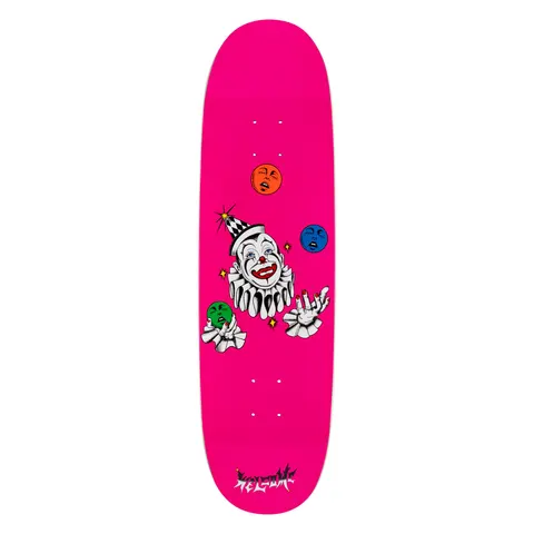 Welcome Juggle On Son of Boline - Magenta - 8.8 skateboard deck: Hot pink shaped deck with a white-faced clown in a ruff and checked cone hat juggling three coloured balls with weeping faces. Welcome logo in jagged lettering at the tail.