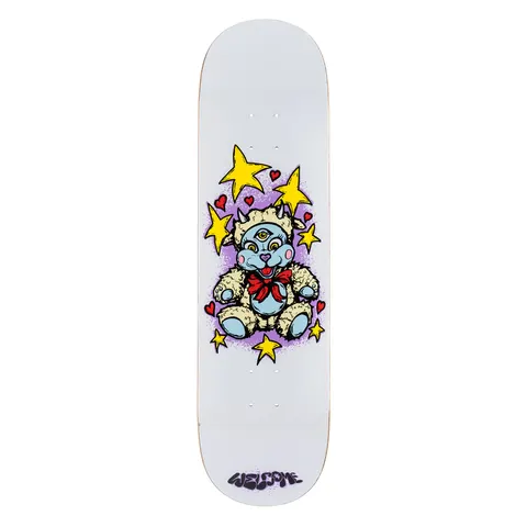 Welcome Lamby on Evil Twin - White - 8.5 skateboard deck: A cartoon blue three-eyed creature dressed in a fluffy lamb costume with horns and a red bow, sitting among yellow stars and red hearts on a lilac spray patch. Welcome logo in purple lettering at the bottom of a white deck.
