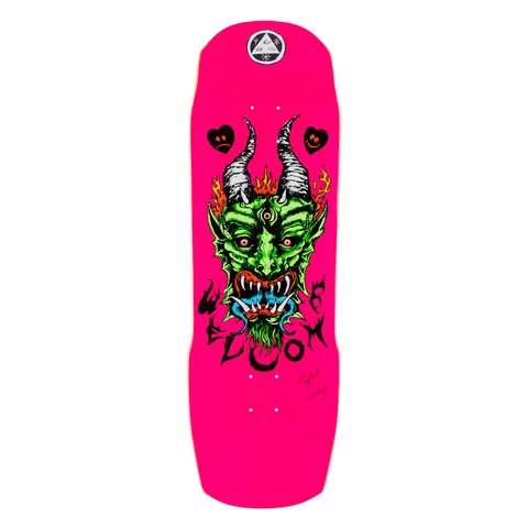 Welcome Light and Easy on Totem 2.0 - Neon Pink - 9.75 skateboard deck: A green three-eyed horned demon head with fangs, flames and a blue tongue, between two black frowning hearts, on a neon pink shaped deck. Welcome in black scrawled lettering with a small triangle eye badge at the top.