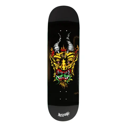 Welcome Light & Easy on Popsicle - Black skateboard deck: A yellow horned demon face with three eyes, fangs, a goatee and flames at the brows, drawn in a bold tattoo-like style on a black deck, with Welcome lettering in white at the base.