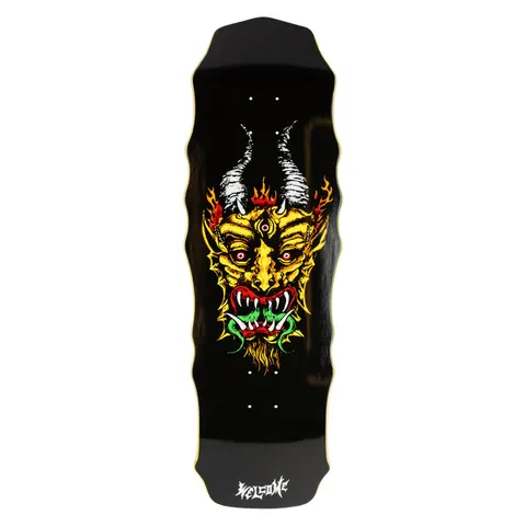 Welcome Light & Easy on Widow - Black skateboard deck: A three-eyed yellow demon mask with curved grey horns, flames, fangs and a goatee, printed on a black shaped deck. The Welcome logo sits in white at the tail.