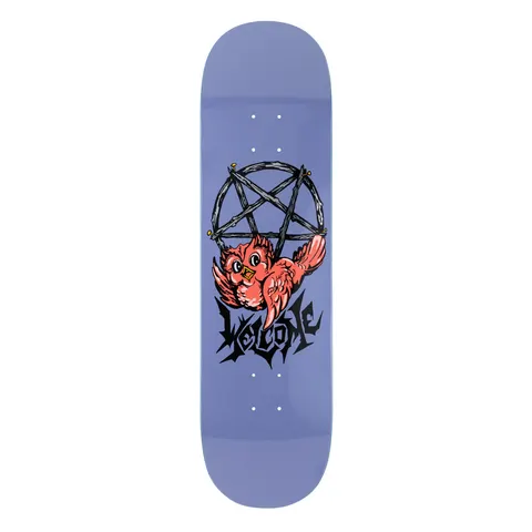 Welcome Lil Owl on Evil Twin - Dusk - 8.5 skateboard deck: Small cartoon red owl perched on an upside-down pentagram made of nailed twigs, above the Welcome logo in jagged black lettering, on a dusky periwinkle purple deck.