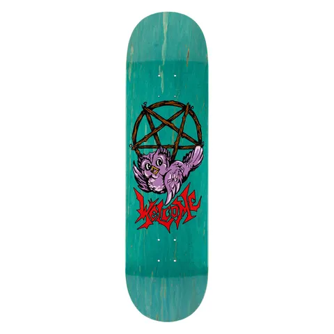 Welcome Lil Owl on Popsicle - Teal stain - 8.5 skateboard deck: Cartoon purple owl flying in front of a brown twig pentagram, with red jagged metal-style lettering beneath, on a teal-stained deck.