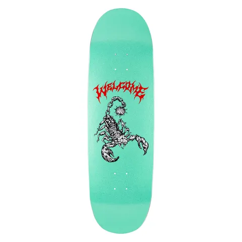 Welcome Mace on Boline 2.0 - Teal/Glitter - 9.5 skateboard deck: A black and white detailed scorpion with a spiked mace-ball on its tail sits below red gothic Welcome lettering, on a glittery teal deck in a wide shaped board outline.