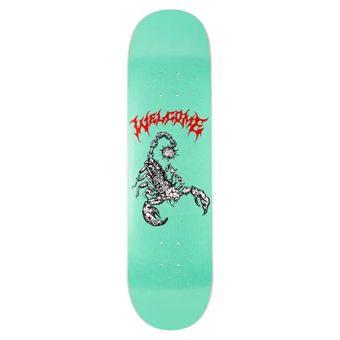 Welcome Mace on Popsicle - Teal/Glitter - 8.5 skateboard deck: Detailed black and white scorpion with a spiked mace ball on a chain tail, under red gothic 'WELCOME' lettering, on a glittery teal deck.