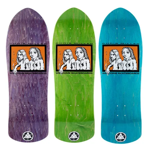 Welcome Miller Couple on Crossbone - Various Stains - 10.0 skateboard deck: Three stained shaped decks (purple, green, blue) each with the same framed illustration of two long-haired figures in white shirts, one holding a cigarette, on an orange panel. Welcome logo at the tail.