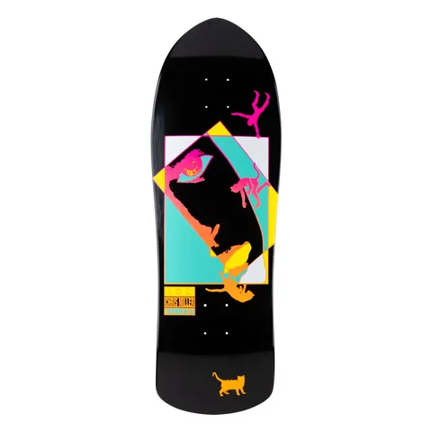 Welcome Miller Faces on Crossbone - Black Dip - 10.0 skateboard deck: Retro-shaped black deck with a tilted frame in teal, yellow and white containing an abstract black face with a pink eye, and pink, orange and yellow tumbling figures. An orange cat sits at the tail with a name label.