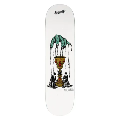 Welcome Nick Garcia Chalice on Popsicle - White skateboard deck: A green clawed hand drips black liquid onto a gold jewelled chalice, with two hooded kneeling figures at its base, on a white board with a Welcome logo at the top and 'Nick Garcia' signed at the bottom.