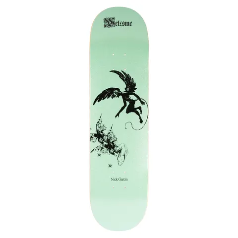 Welcome Nick Garcia Paradox on Popsicle - Mint Glitter skateboard deck: Black ink drawing of a winged, horned imp with a curling tail swooping above a cluster of butterfly-like moths, on a pale mint glitter ground. Gothic blackletter logo at the top and rider name near the bottom.