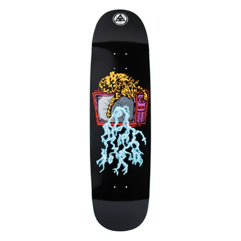 Welcome Nora Static on Sphynx - Black - 8.8 skateboard deck: Spotted leopard-like big cat lounging on a red retro television, with pale blue lightning pouring from its screen, on a black deck. The Welcome logo sits at the nose.