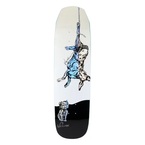 Welcome Nora Vasconcellos Fairy Tale on Wicked Queen - Bone/Prism Foil - 8.6 skateboard deck: A line drawing of a figure hung upside down by one ankle from a rope, with a blue to cream prism-foil finish, while a small kitten sits below on a black base at the bottom. The deck is a cream wide shape with a squared nose.