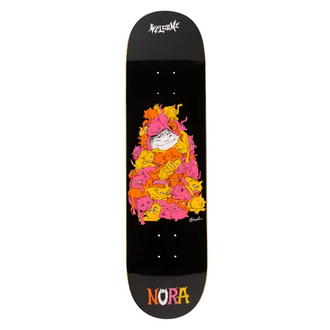Welcome Nora Vasconcellos Purr Pile on Popsicle - Black - 8.25 skateboard deck: Pyramid-shaped pile of pink, orange and yellow cats with a smiling girl's face at its centre, on black. Welcome logo at top and NORA in multicoloured lettering at the tail.