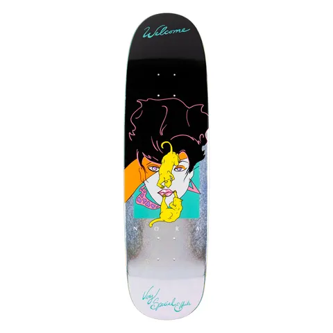 Welcome Nora Vasconcellos Special Effects on Sphynx - Black/Glitter Foil - 8.8 skateboard deck: Retro 1980s-style fashion illustration of a woman with black hair, with two yellow cats climbing over her face, in pink, orange and teal blocks on a black shaped deck with a glitter foil lower half. Welcome script and Very Special Effects text.