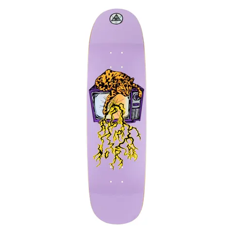 Welcome Nora Vasconcellos Static on Sphynx - Lavender - 8.8 skateboard deck: Lavender shaped deck with a spotted leopard lying on top of an old television, a yellow lightning bolt streaming from the screen. Small Welcome triangle logo at the nose.