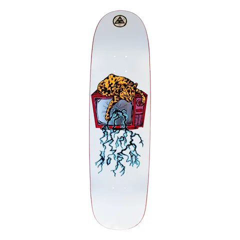 Welcome Nora Vasconcellos Static on Sphynx - White - 8.8 skateboard deck: A spotted leopard lounging on top of a red retro television with a cracked screen, blue lightning bolts striking down from it, on a white deck with a Welcome triangle logo at the nose.