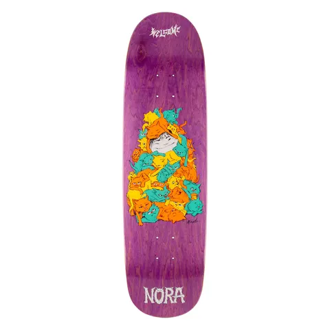Welcome Nora Vasconcellos Purr Pile on Sphynx - Purple Stain - 8.8 skateboard deck: A pile of orange, yellow and teal cats heaped together with a smiling girl's face peeking out of the middle, on a purple stained deck. Welcome logo at the top and 'NORA' in white at the bottom.