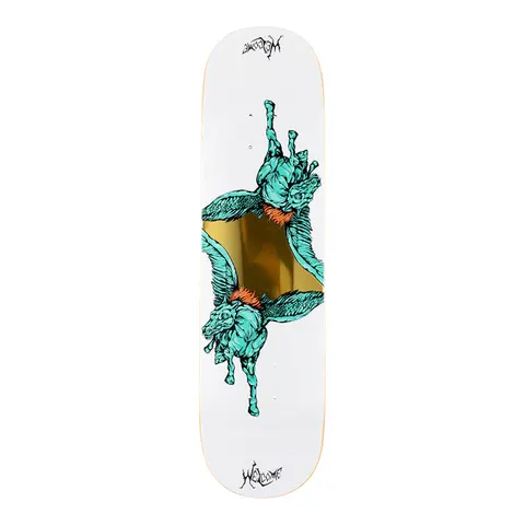 Welcome Peggy on Evil Twin 825 - White - 8.25 skateboard deck: White deck with two mirrored teal winged horses, drawn in an inked style with orange manes, joined by a gold foil panel in the middle. Welcome lettering at nose and tail.