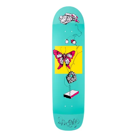 Welcome Puppet Master on Son of Planchette - Teal/White Dip - 8.38 skateboard deck: Teal deck with a hand dangling strings from the top, connected to a pink and white butterfly on a yellow square, a patterned dice-like shape and a small block. Two small eyes and handwritten brand lettering are also visible.