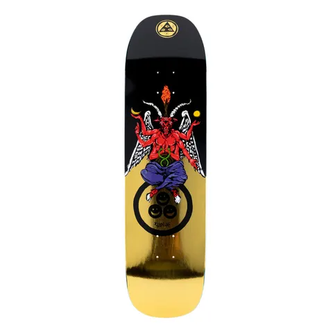 Welcome Ryan Lay Bapholit on Stonecipher - Black/Gold Foil - 8.6 skateboard deck: Black and gold foil shaped deck with a red goat-headed winged demon seated cross-legged in blue trousers, holding a flame between its horns, above a black ring containing three smiley faces. Welcome triangle logo at the nose.