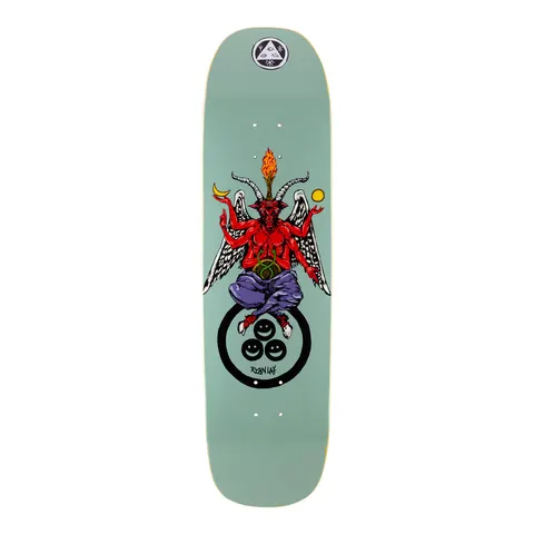 Welcome Ryan Lay Bapholit on Stonecipher - Sage - 8.6 skateboard deck: Red winged goat-headed Baphomet figure sitting cross-legged with a flame between its horns, holding a crescent moon and a sun, above a black ring with three smiley faces. Welcome triangle logo at the nose on sage green.