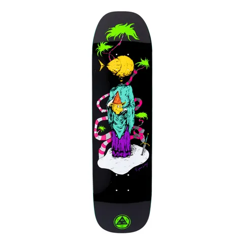 Welcome Ryan Lay Light - Headed on Stonecipher - Black/White - 8.6 skateboard deck: A hand-drawn, brightly coloured figure in a teal robe and purple skirt holds a small orange creature, with a large yellow fish for a head. Pink striped tentacles, green tufts and a sword in the snow surround it on black.