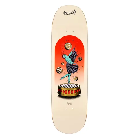 Welcome Ryan Reyes Dancer on Baculus 2.0 - Bone/Gold Foil - 9.0 skateboard deck: Tattoo-style illustration of a winged ballet dancer on pointe atop a checkered music-box pedestal, surrounded by striped planets inside a red-to-orange arched panel. Welcome logo at the top on a bone-coloured shaped deck.