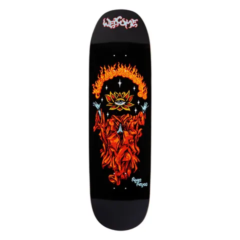 Welcome Ryan Reyes Rebirth on Baculus 2 - Black - 9.0 skateboard deck: Robed figure with praying hands rising in flames, with blue hands raised either side and a lotus flower containing an eye above, on a black shaped deck. Brand logo at the top and rider's signature near the bottom.