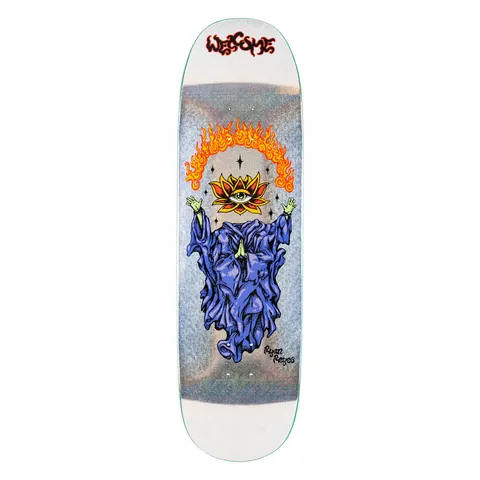 Welcome Ryan Reyes Rebirth on Baculus 2 - Glitter Prism Foil - 9.0 skateboard deck: Hooded figure in a purple robe with raised green hands and a flowering lotus with an eye for a head, beneath an arc of flames and small stars. Glitter prism foil background, Welcome logo at the top, rider name signed at the lower right.
