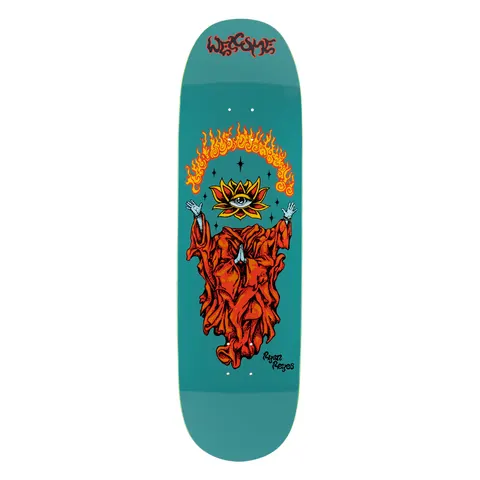 Welcome Ryan Reyes Rebirth on Baculus 2 - Teal - 9.0 skateboard deck: Teal shaped deck with a hooded figure in red-orange robes, hands raised and palms together, with a lotus holding an eye in place of a head. An arc of flames sits above and the rider's name is signed near the tail.