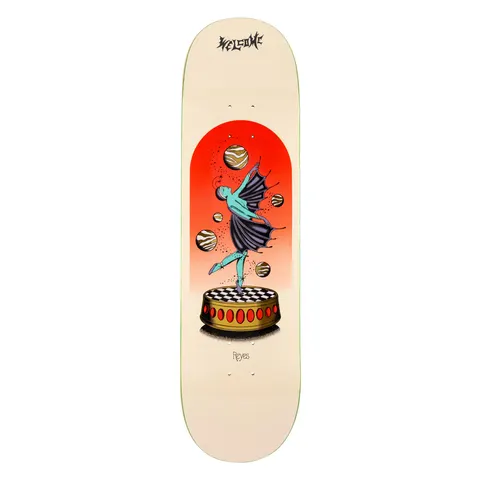 Welcome Ryan Reyes Dancer on Popciscle - Bone/Gold Foil - 8.5 skateboard deck: Tattoo-style illustration of a winged ballet dancer on pointe atop a checkered music-box pedestal, with striped planets around her inside a red-to-orange arched panel. Welcome logo at the top on a bone deck.
