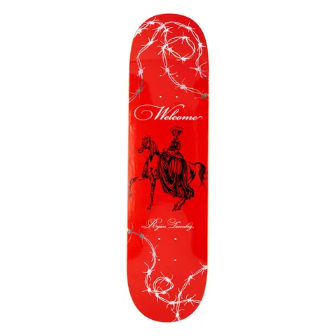 Welcome Ryan Townley Cowgirl on Popsicle - Red/Silver Foil - 8.25 skateboard deck: Black engraving of a woman riding side-saddle on a horse, with Welcome in white script above and Ryan Townley below, framed by barbed wire at the top and bottom, on a glossy red deck.