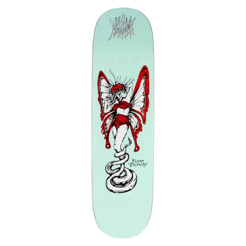 Welcome Ryan Townley Venus on Enenra - Light Teal skateboard deck: A winged female figure in a red outfit, with butterfly-style wings and a spiky headdress, stands rising from a coiled white snake. Black, white and red line illustration on a light teal deck, with spiky Welcome lettering at the top.