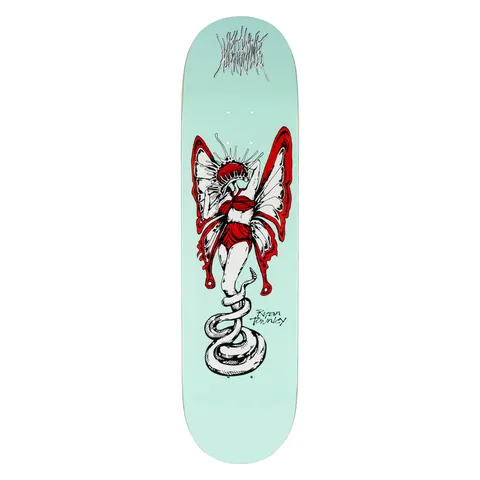 Welcome Ryan Townley Venus on Popsicle - Light Teal skateboard deck: A winged female figure with a red-and-white butterfly pattern and a spiked crown stands on a coiled white snake, with 'Ryan Townley' signed beside it and a spiky Welcome logo at the top, on a light teal board.