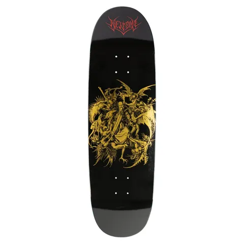 Welcome Saint on Boline 2.0 - Black/Gold Foil skateboard deck: A gold foil engraving of a saint surrounded by swirling winged demons and creatures, in the style of an old woodcut, on a black shaped deck. Red gothic Welcome lettering sits at the top.