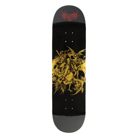 Welcome Saint on Popsicle - Black/Gold Foil skateboard deck: A dense gold-foil engraving of a robed saint beset by winged demons and monsters sits in the centre of a glossy black deck, with a red gothic Welcome logo near the nose.