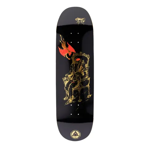 Welcome Self - Portrait on Baculus 2.0 - Black/Gold Foil - 9.0 skateboard deck: Gold foil line drawing on a black deck of a seated figure in an ornate armchair with a rabbit's head and red eyes, holding a small rabbit, with a red flaming bird-like shape rising from its shoulder. Welcome logo at the tail.