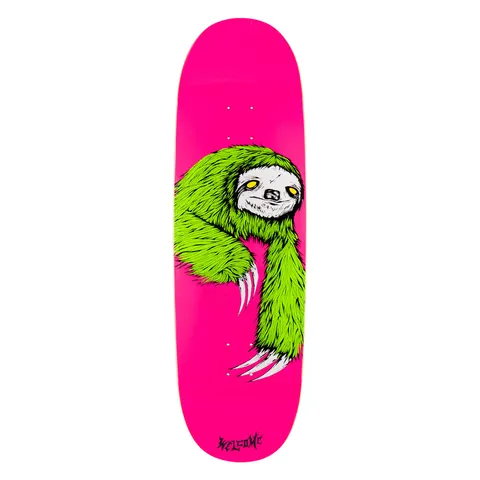 Welcome Sloth on Boline 2.0 - Neon Pink - 9.5 skateboard deck: Shaggy green sloth with white face, yellow eyes and long claws hanging from the top left of a neon pink deck, with the brand name in black script at the tail.