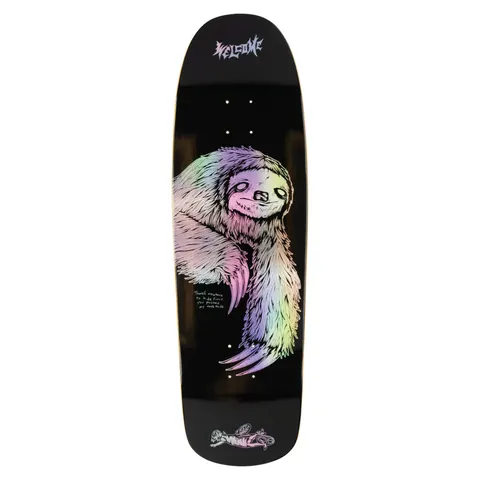 Welcome Sloth on Slappy Slap - Black/Prism Foil skateboard deck: Shaped black deck with a large hand-drawn sloth in holographic prism foil, rainbow-tinted, hanging with long claws. Small handwritten note beside it and a tiny drawing of a skater at the tail. Welcome logo at the top.