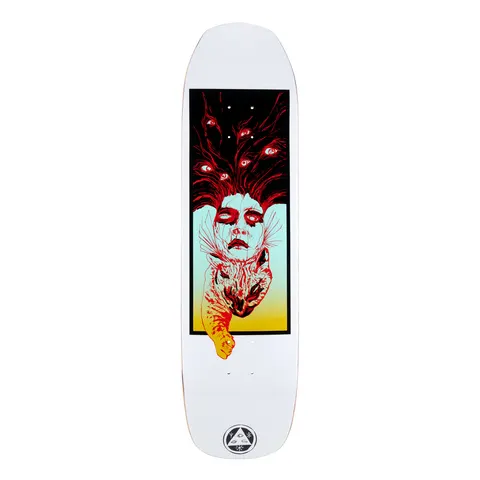 Welcome Stoker on Vimana - White - 8.25 skateboard deck: Boxed illustration on a white deck: a pale, hollow-eyed woman's face with red hair strands ending in staring eyes, over a snarling cat in red and yellow gradient. Welcome triangle logo at the foot.