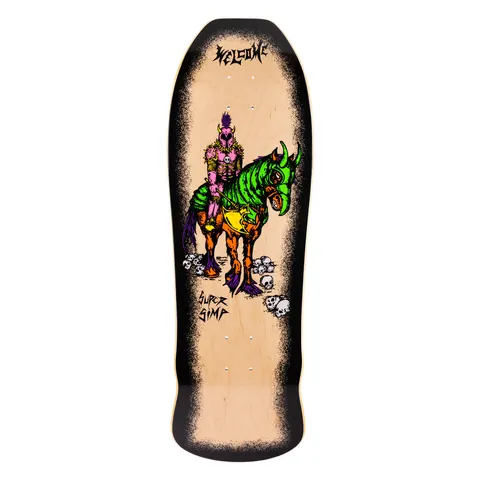 Welcome Super Simp on Early Grab - Natural Stain - 10 skateboard deck: Pink armoured skeletal warrior with horns rides a green armoured horned horse with orange legs, surrounded by skulls, on a natural wood deck with a black speckled border. Blackletter Welcome logo at the nose.