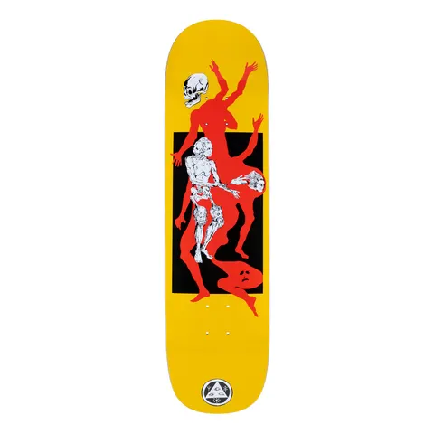 Welcome The Magician on Big Bunyip - Yellow - 8.5 skateboard deck: Red silhouette figures with raised arms and floating heads around a white skeleton, a skull and a mask, within a black rectangle on a yellow deck. Welcome circular logo at the bottom.